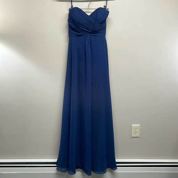 NWOT Allure Bridals Bridesmaid Formal 1221 Dress Navy Chiffon Ruched Strapless 4 - Picture 1 of 16
